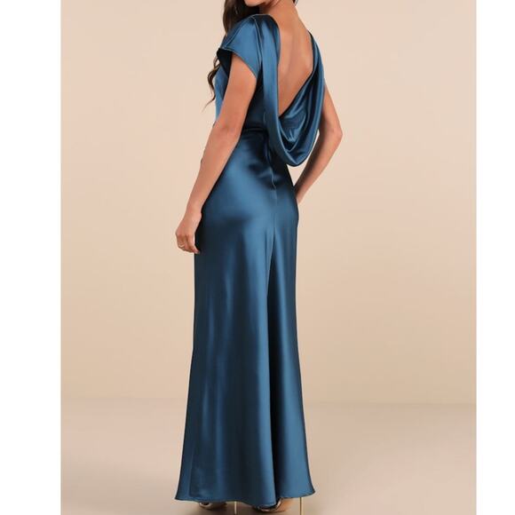 Lulus NWT Captivating Presence Dark Teal Satin Cowl Back Maxi Dress Medium - Picture 1 of 10